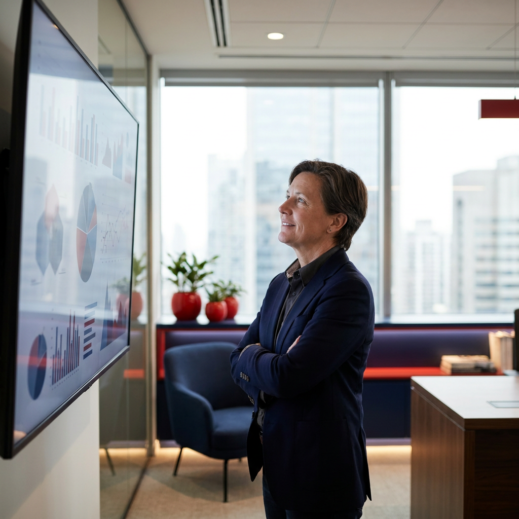 Confident business owner viewing a tailored custom software interface on screen in a modern office