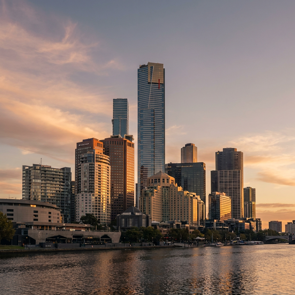 Melbourne CBD skyline at golden hour representing a local Australian software development partner