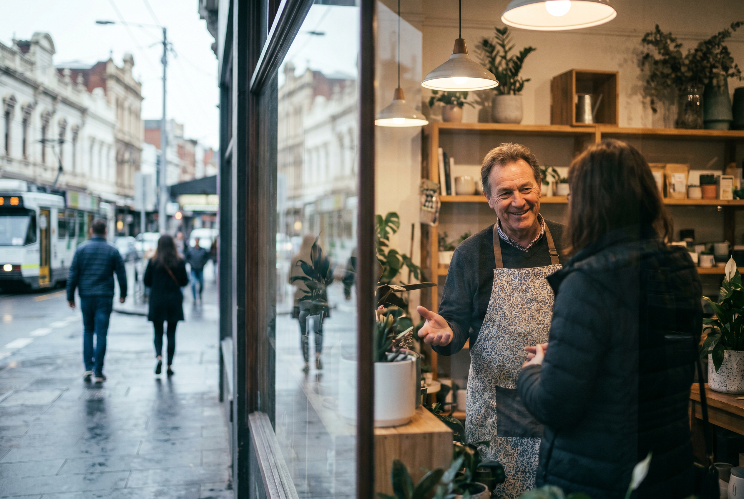 Friendly local Melbourne shop owner visible and welcoming through the front window, representing a business that is easy to find online