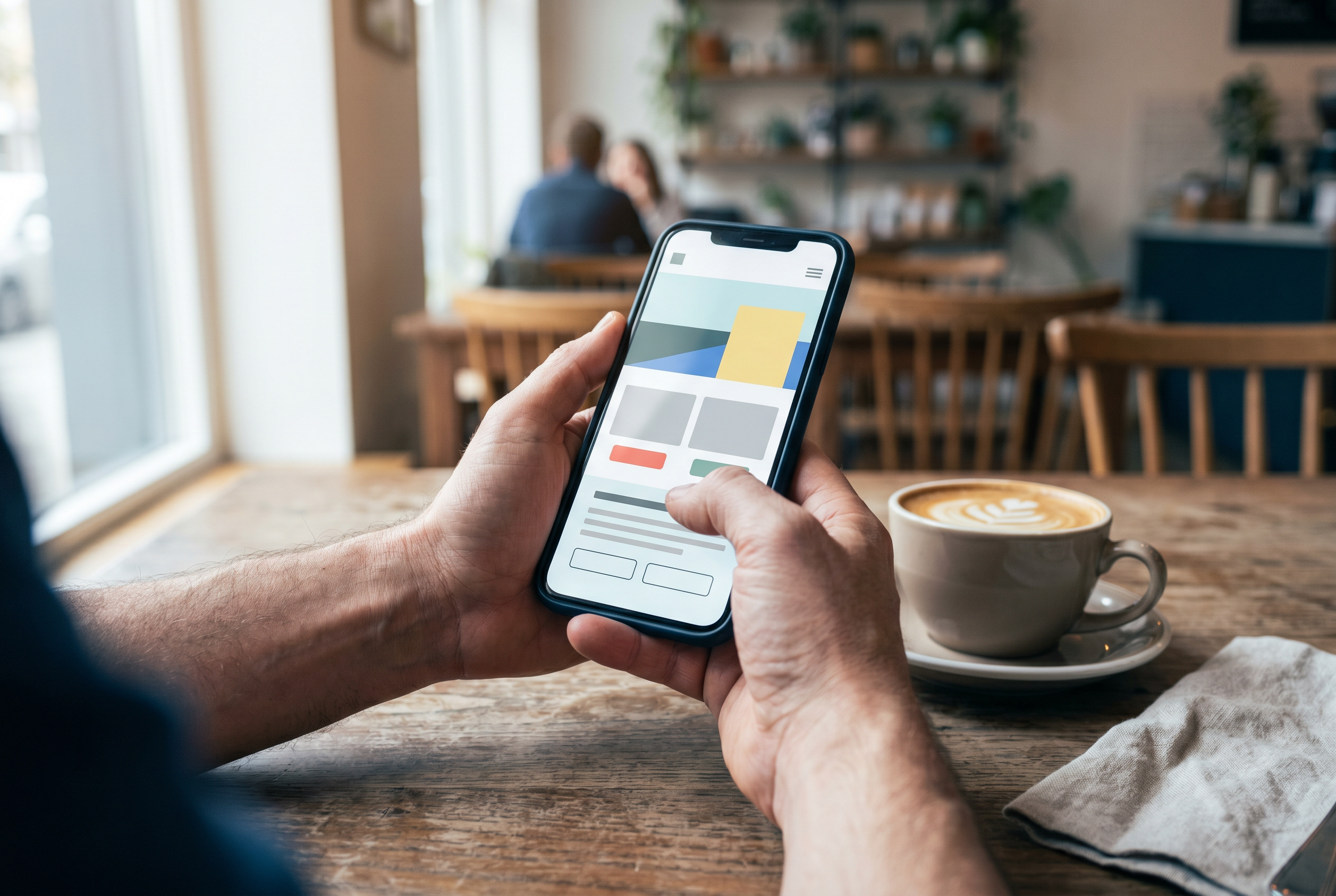 Hands holding a smartphone in a Melbourne cafe, comfortably using a clean mobile-friendly website
