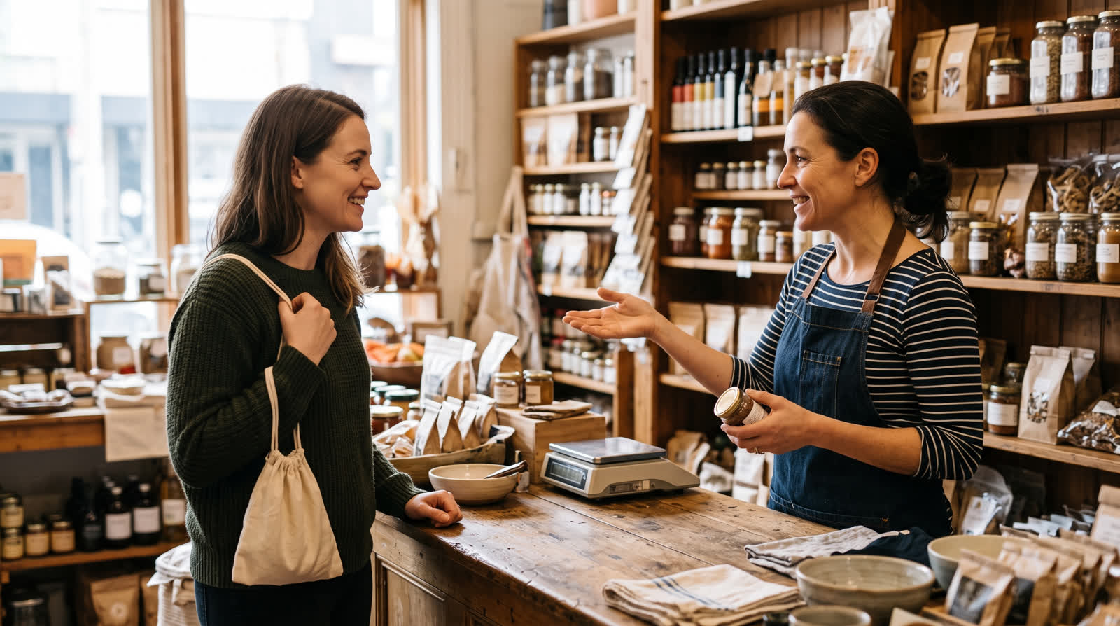 Shopkeeper recommending a product to a customer in a Melbourne specialty store
