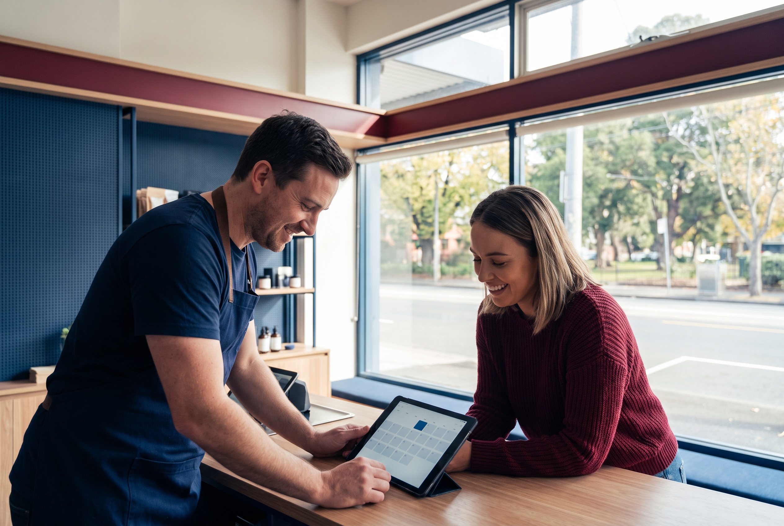 Melbourne shopfront staff and owner reviewing a booking calendar on a tablet, an everyday ai automation example