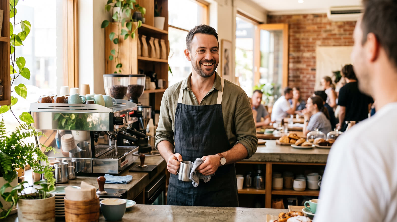 Melbourne cafe owner smiling behind the counter as a customer approaches