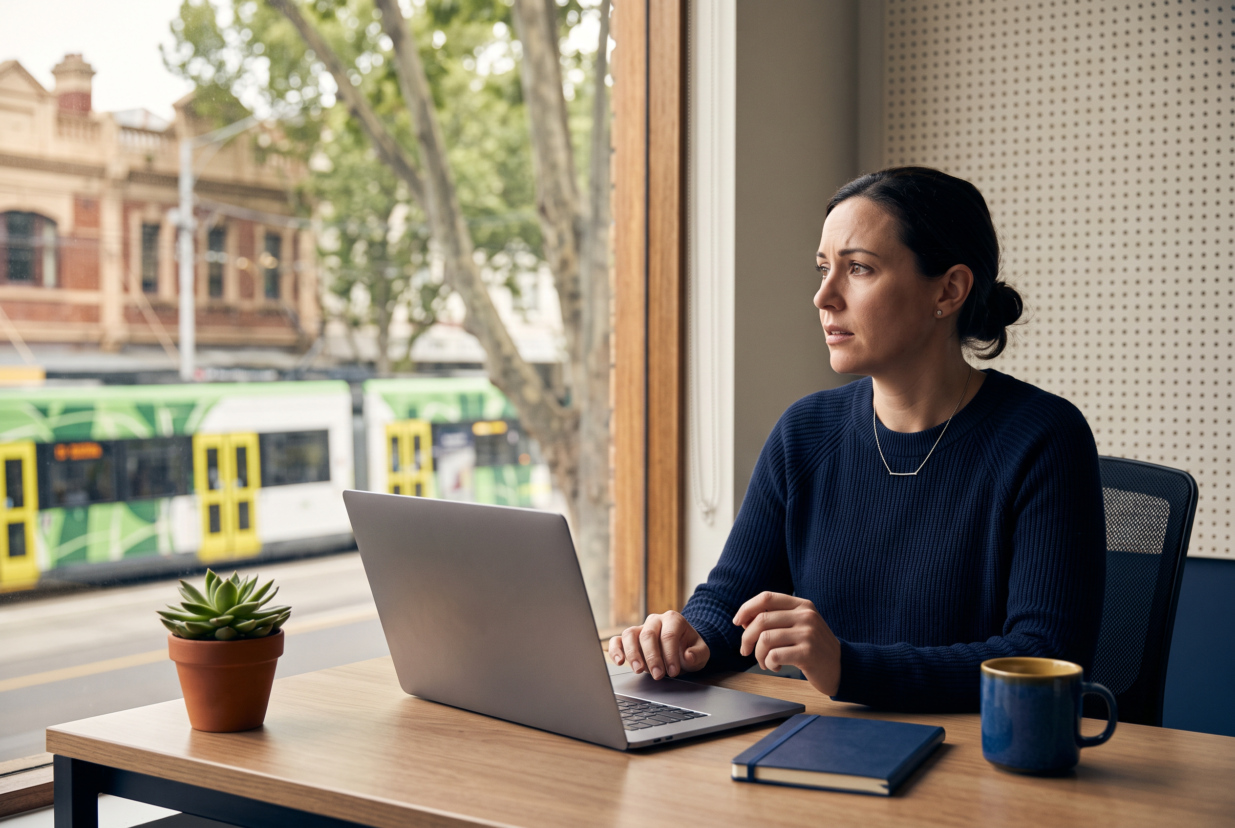 A Melbourne small-business owner sits at her desk with a closed, dark laptop screen, looking out the window with a thoughtful, slightly concerned expression as she weighs a decision about her advertising campaigns.