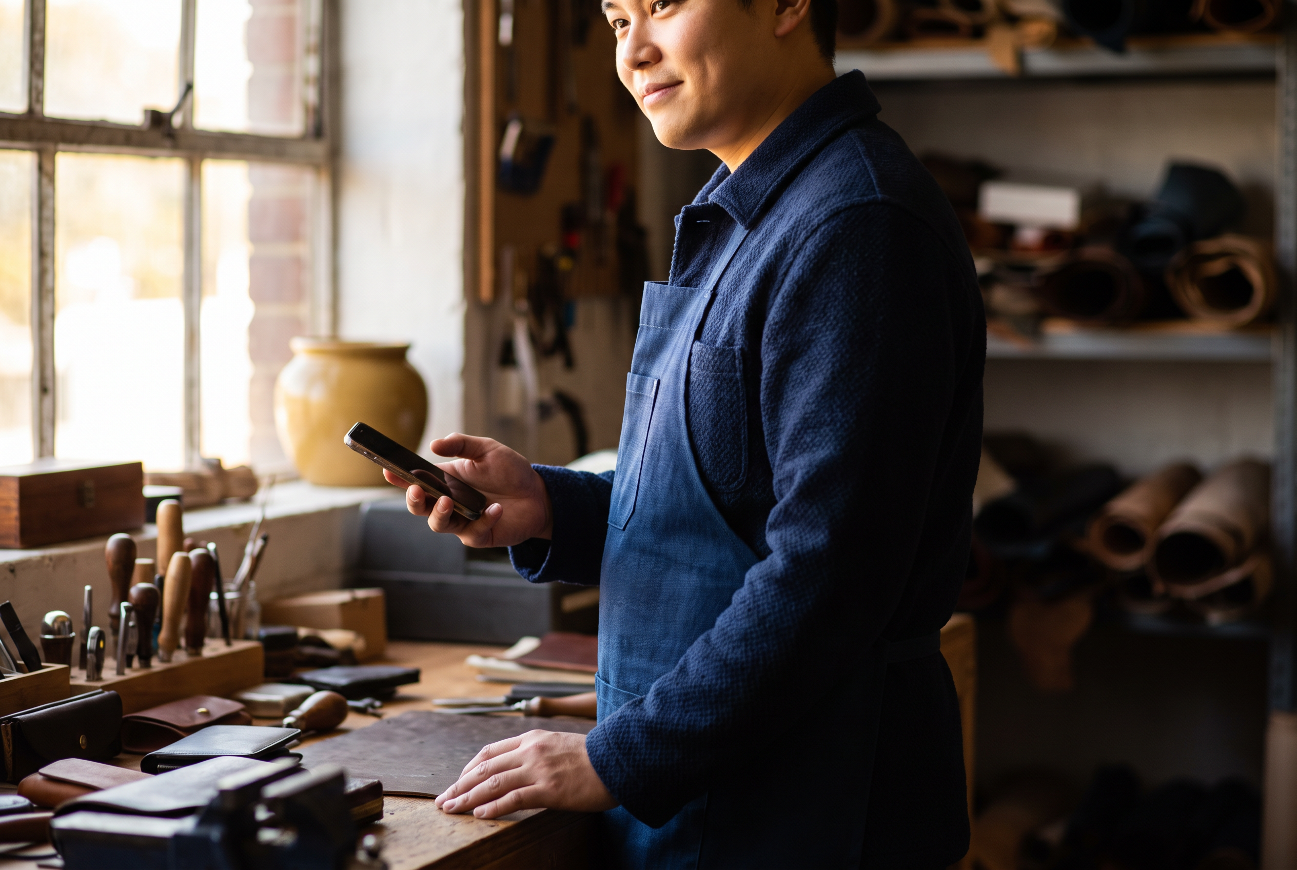 Small business owner checking a phone in a workshop, representing AI shopping adoption in Australian eCommerce trends
