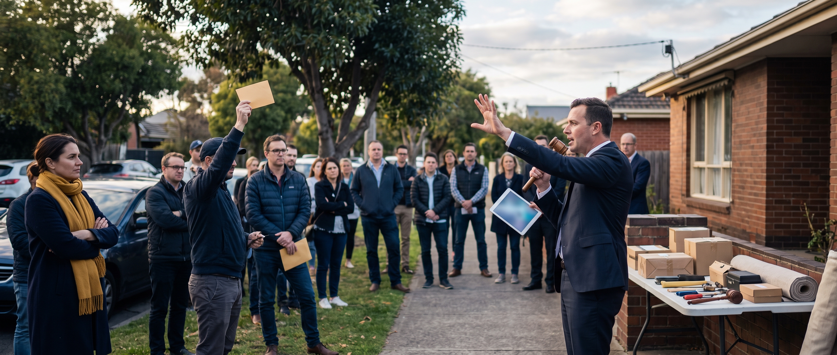 A Melbourne auctioneer takes bids from a street crowd outside a brick-veneer home — the fast, competitive bidding is the same idea behind how does Google Ads work for business owners.