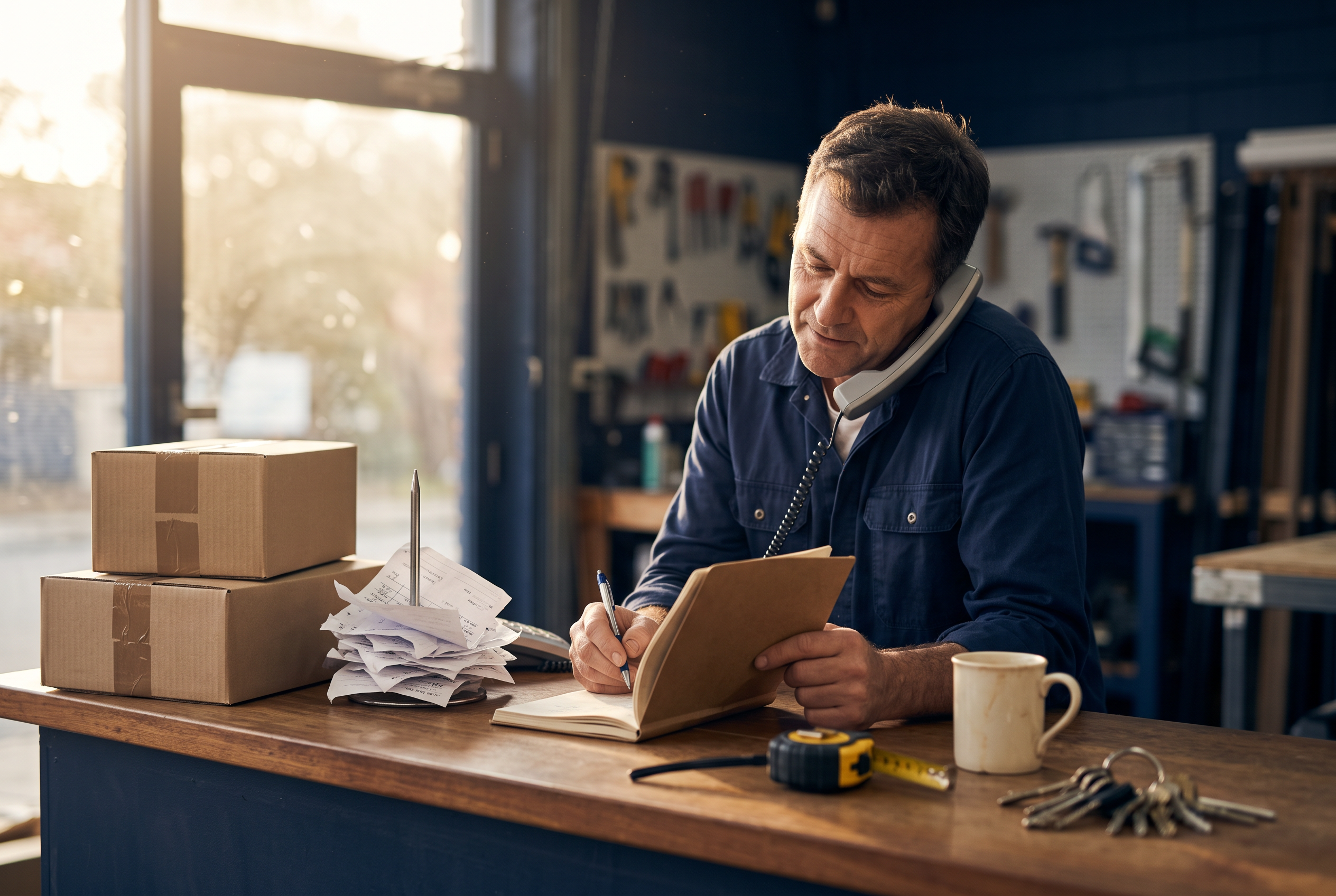 A small Melbourne workshop owner takes a phone enquiry while noting details in a paper job book, surrounded by handwritten dockets, keys, a tape measure and ready-to-go boxes — tracking whether the enquiry is worth winning.