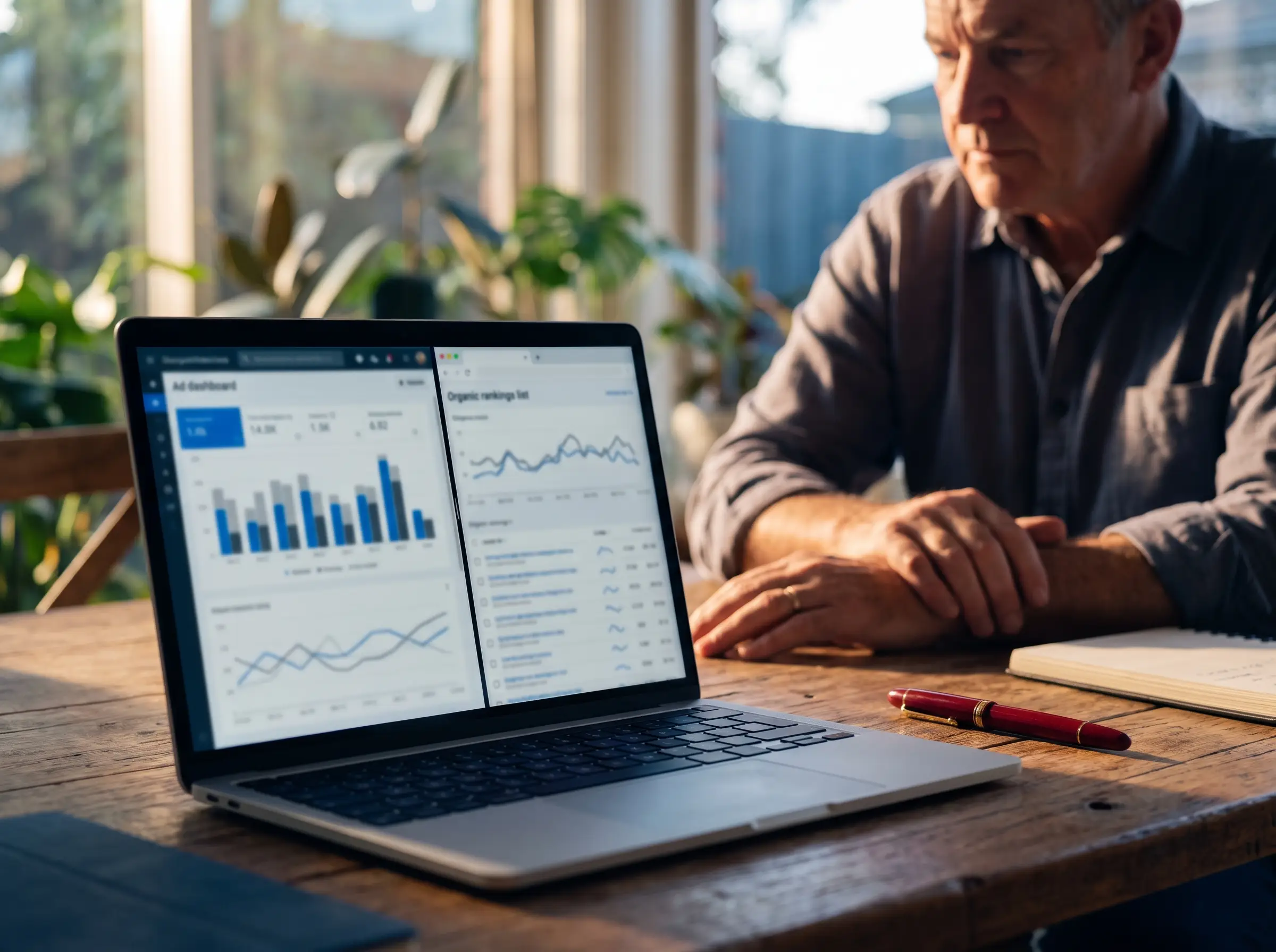 Business owner comparing a Google Ads dashboard with organic search rankings on a laptop
