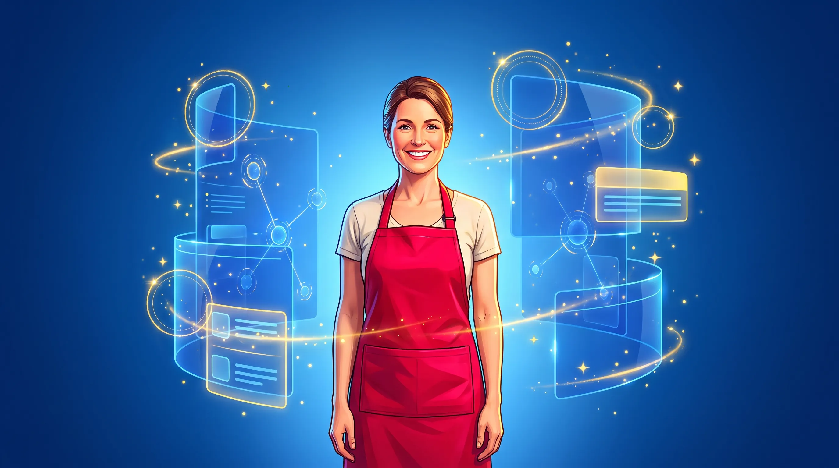 Small-business worker in red against a deep navy backdrop