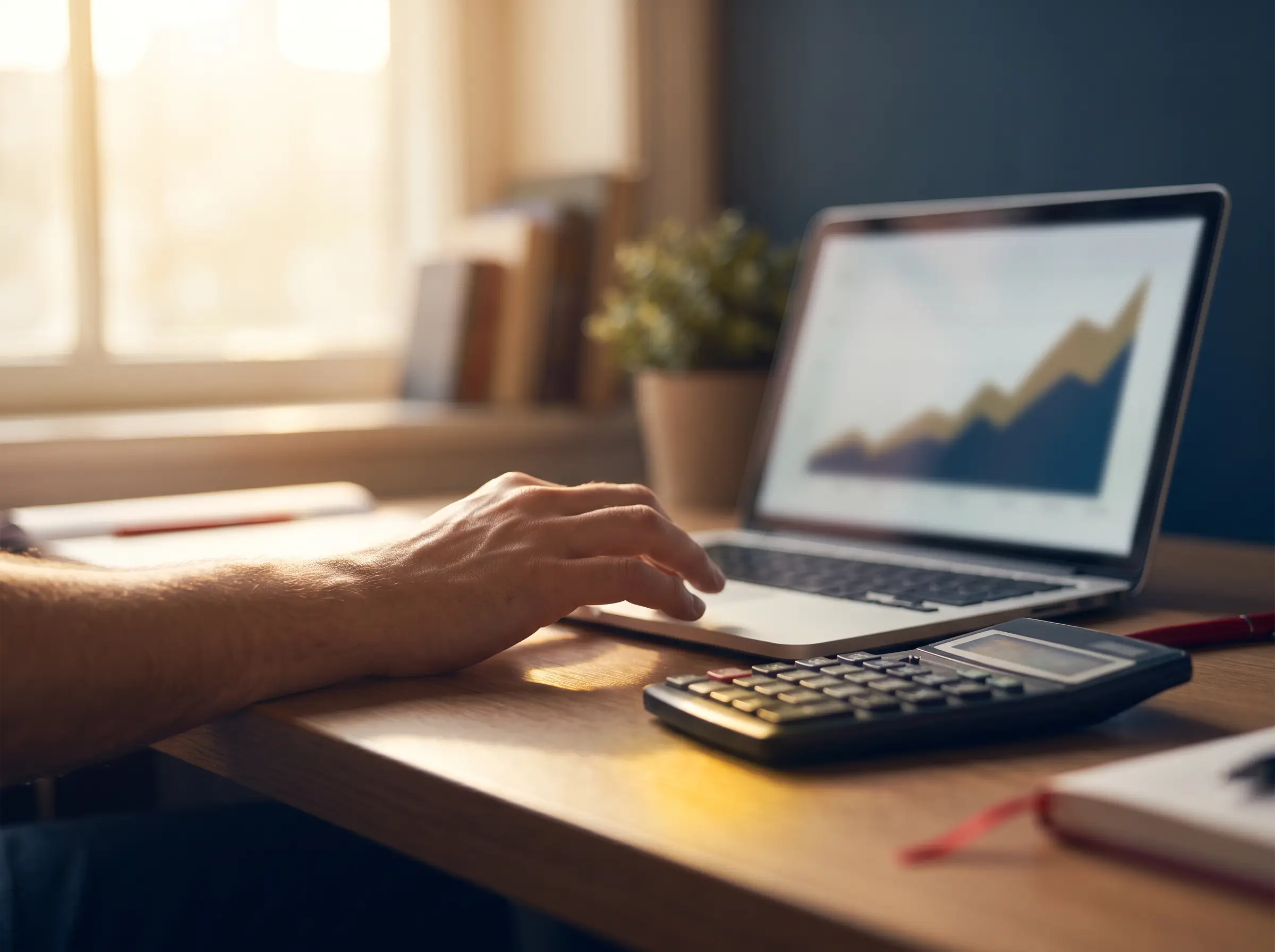 Hand beside a calculator and laptop showing rising cost-per-lead figures