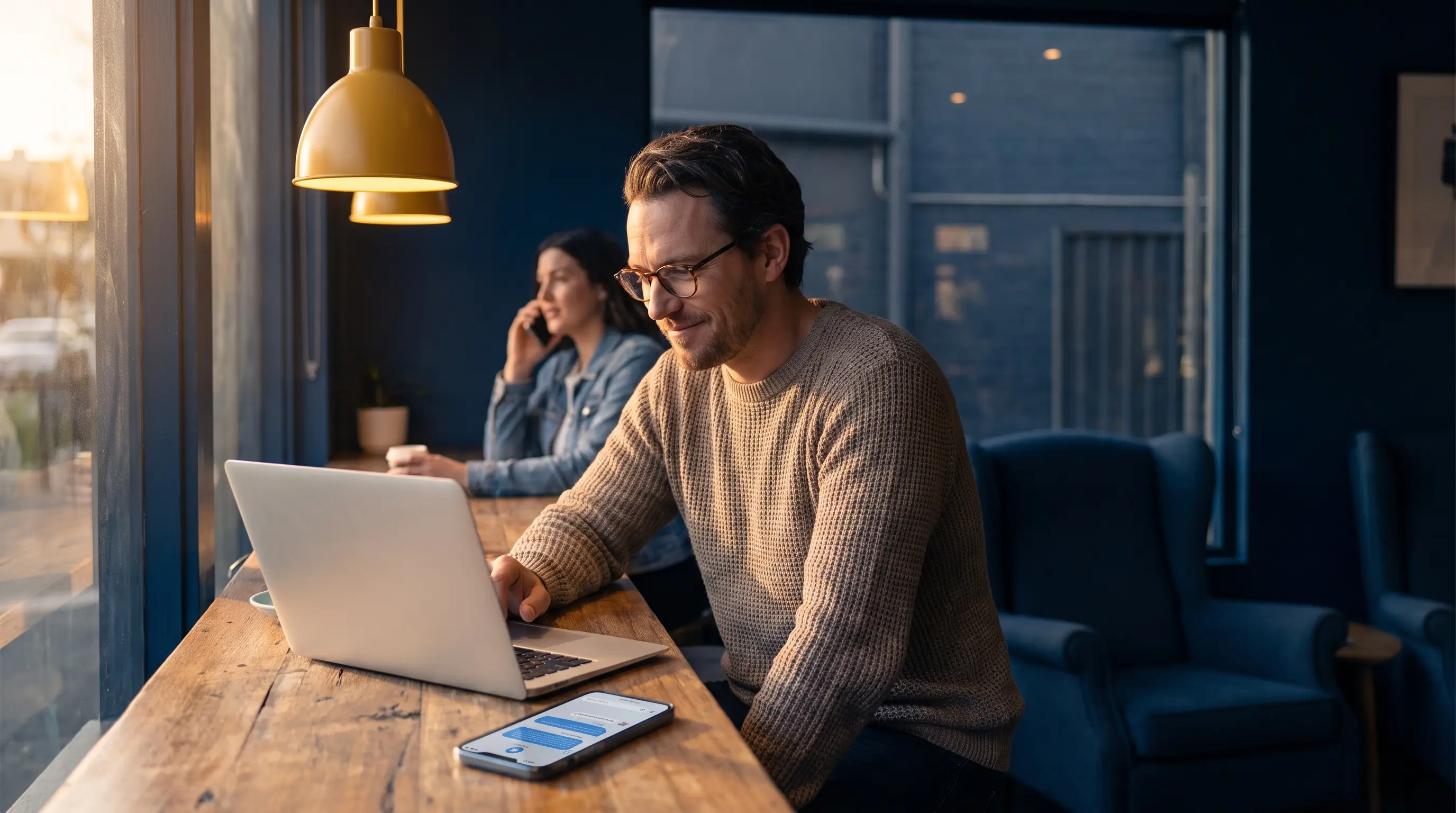 Melbourne café small-business owner working on a laptop with a phone showing an AI answer