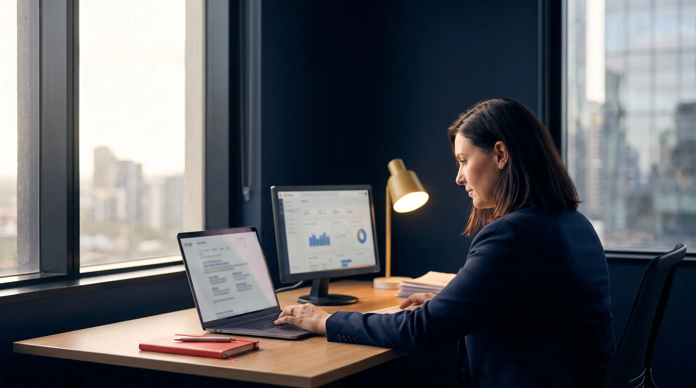 A Melbourne business owner at a desk weighing Google Ads against SEO on a laptop