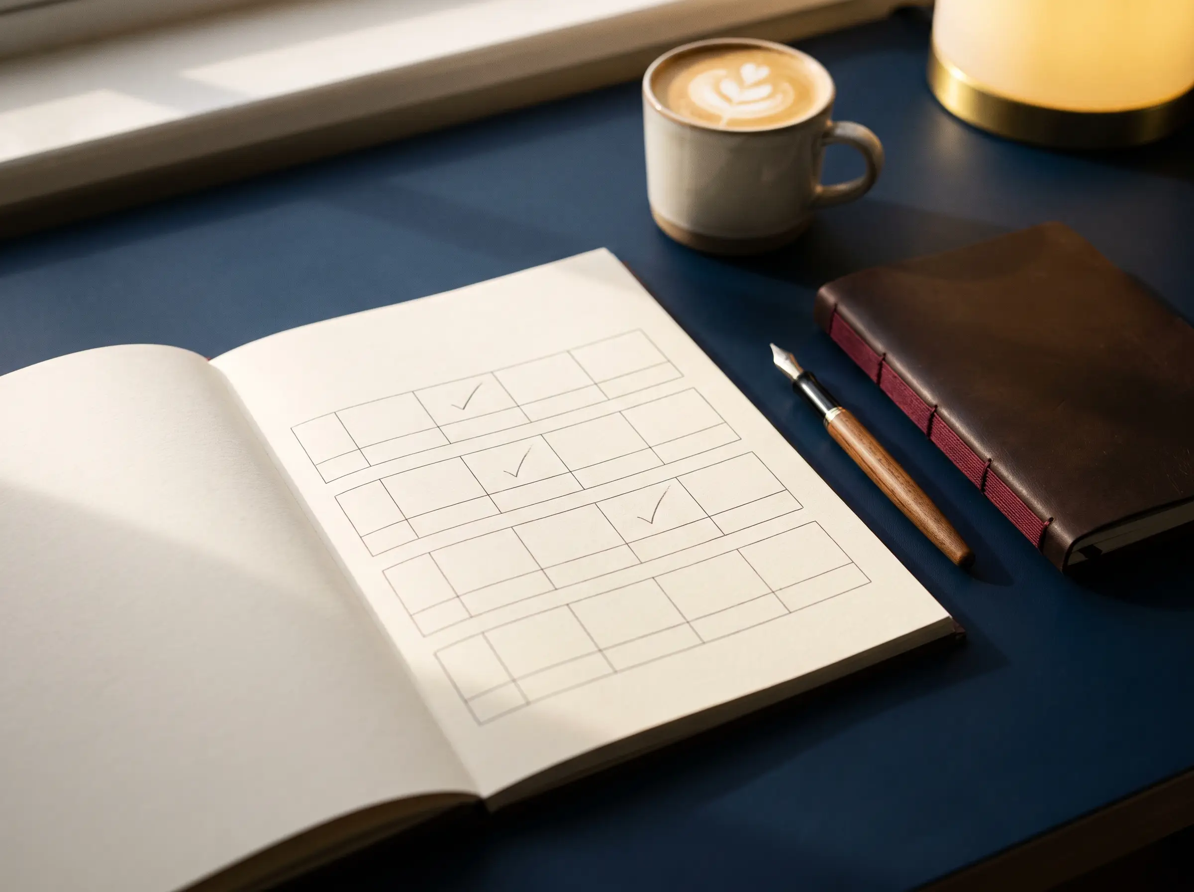 Open planner on a desk showing a simple monthly content posting cadence