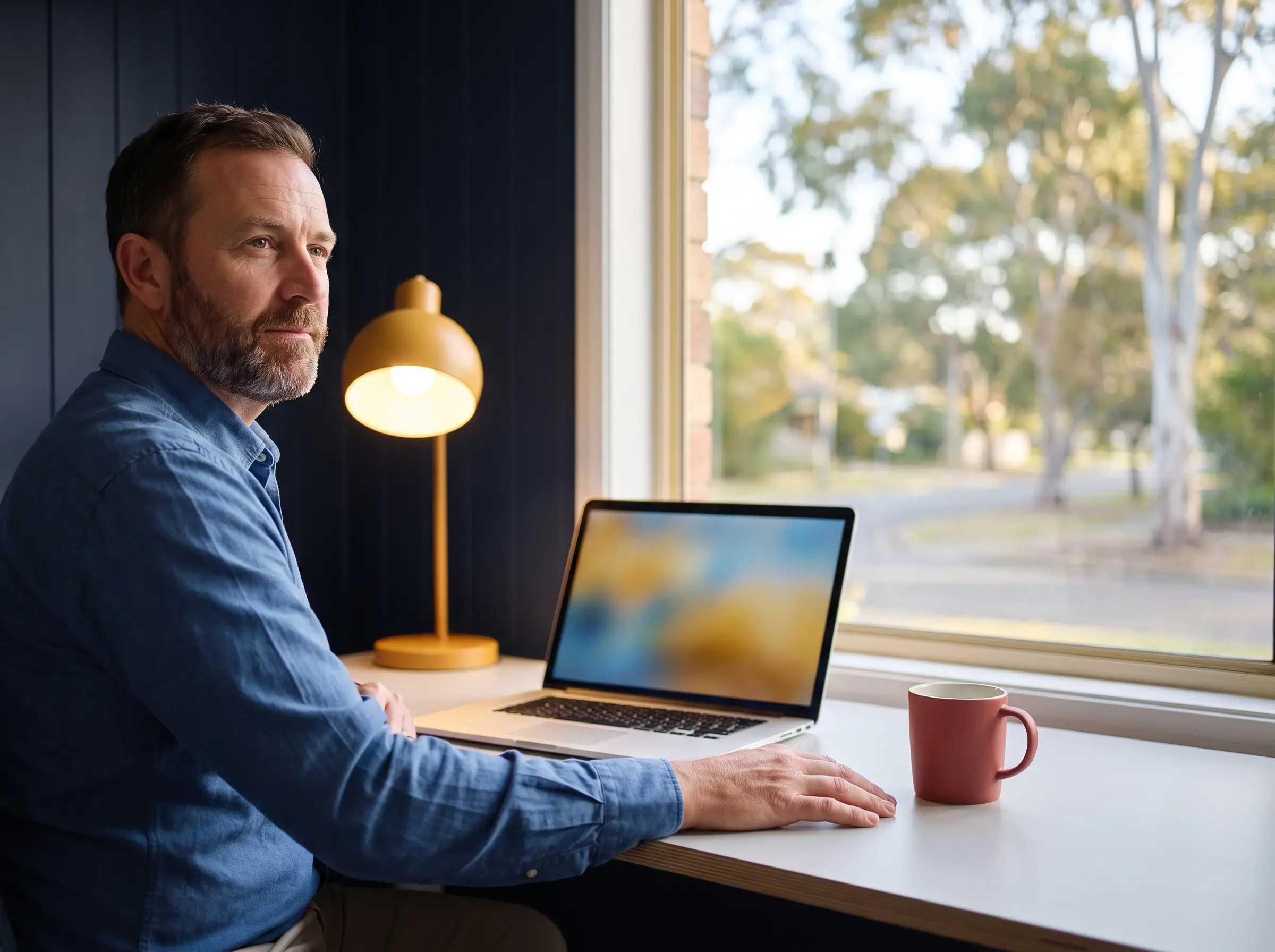 A mortgage broker working at a laptop in a suburban Australian office