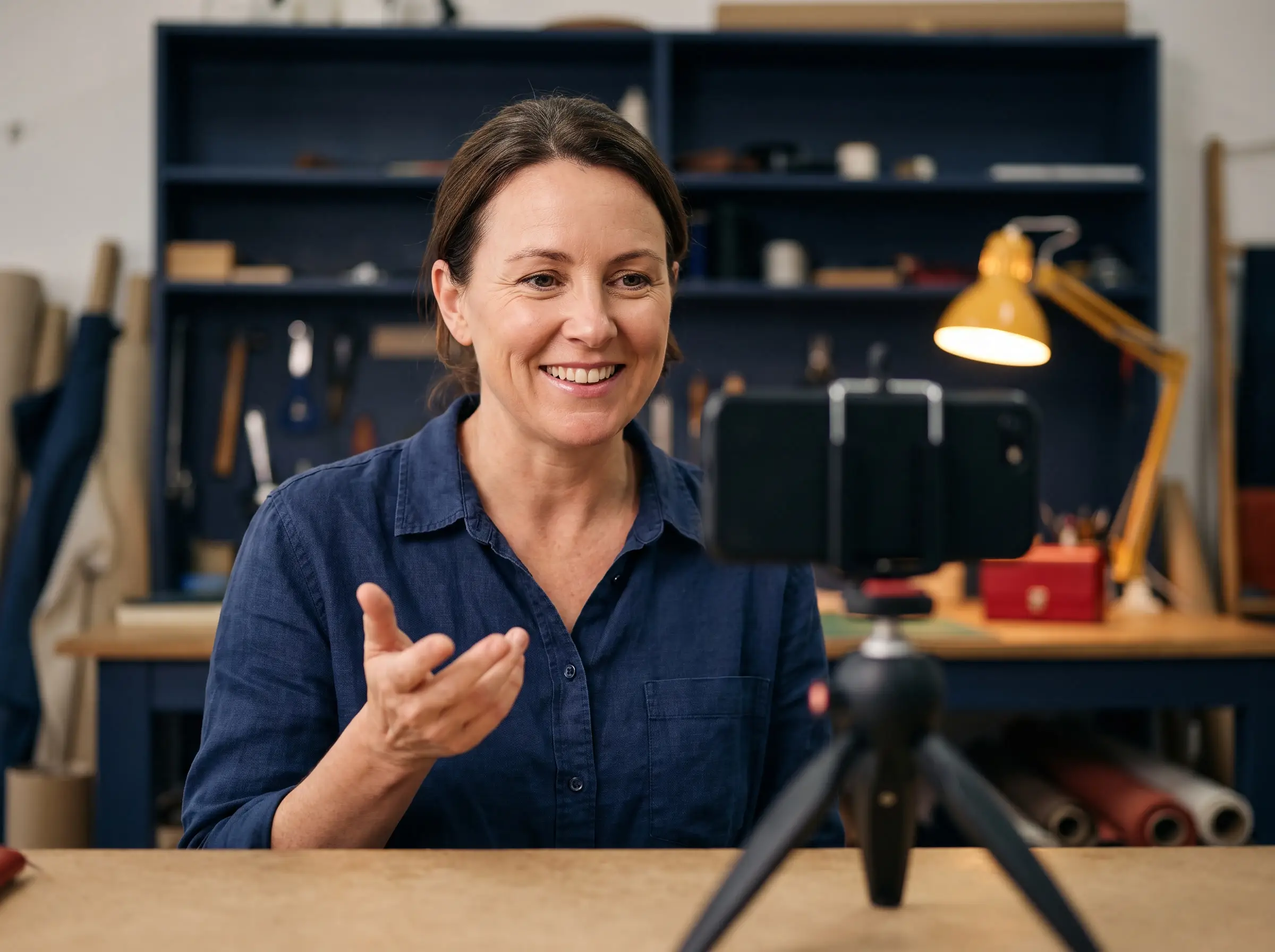 Small business owner recording a short video about their work on a phone