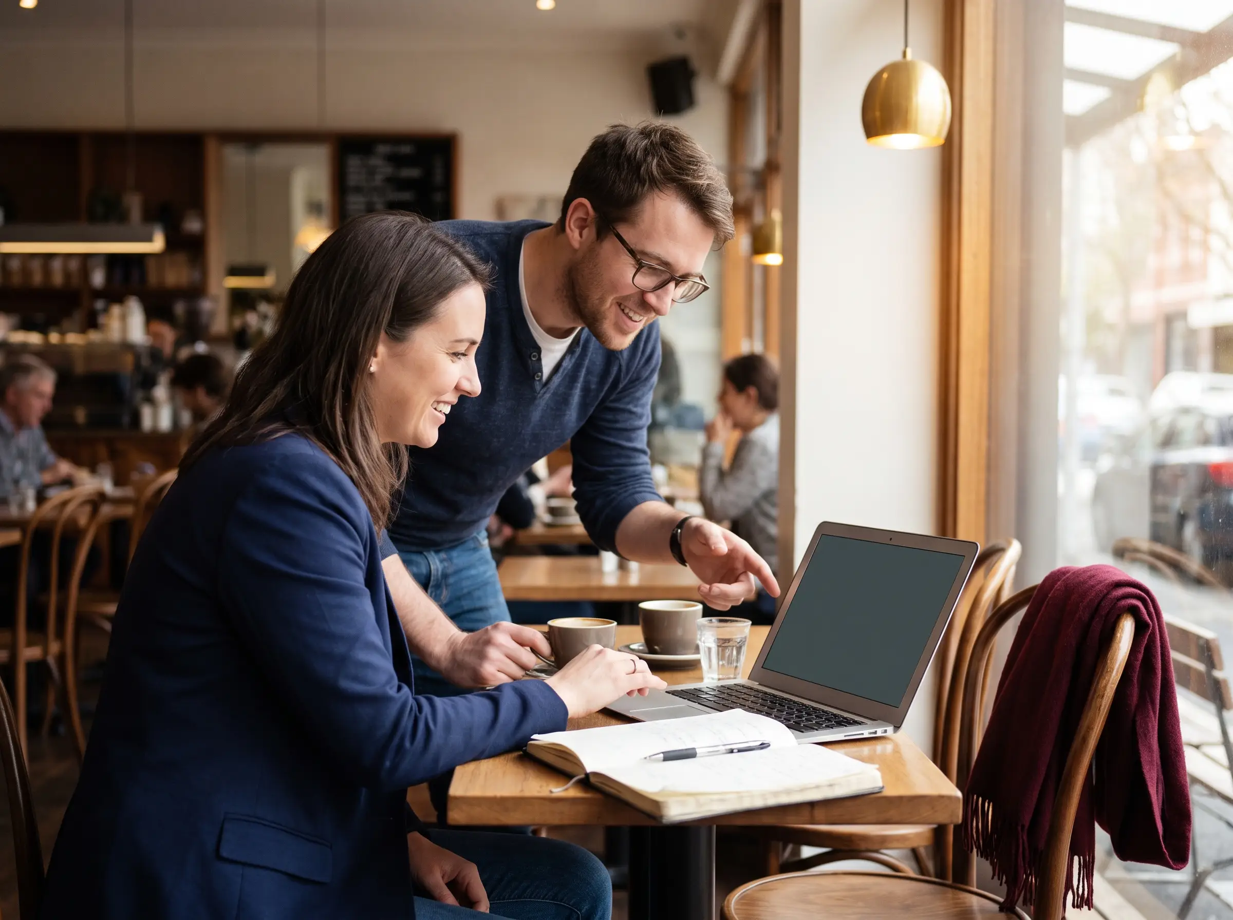 two people planning a small business's marketing at a cafe table