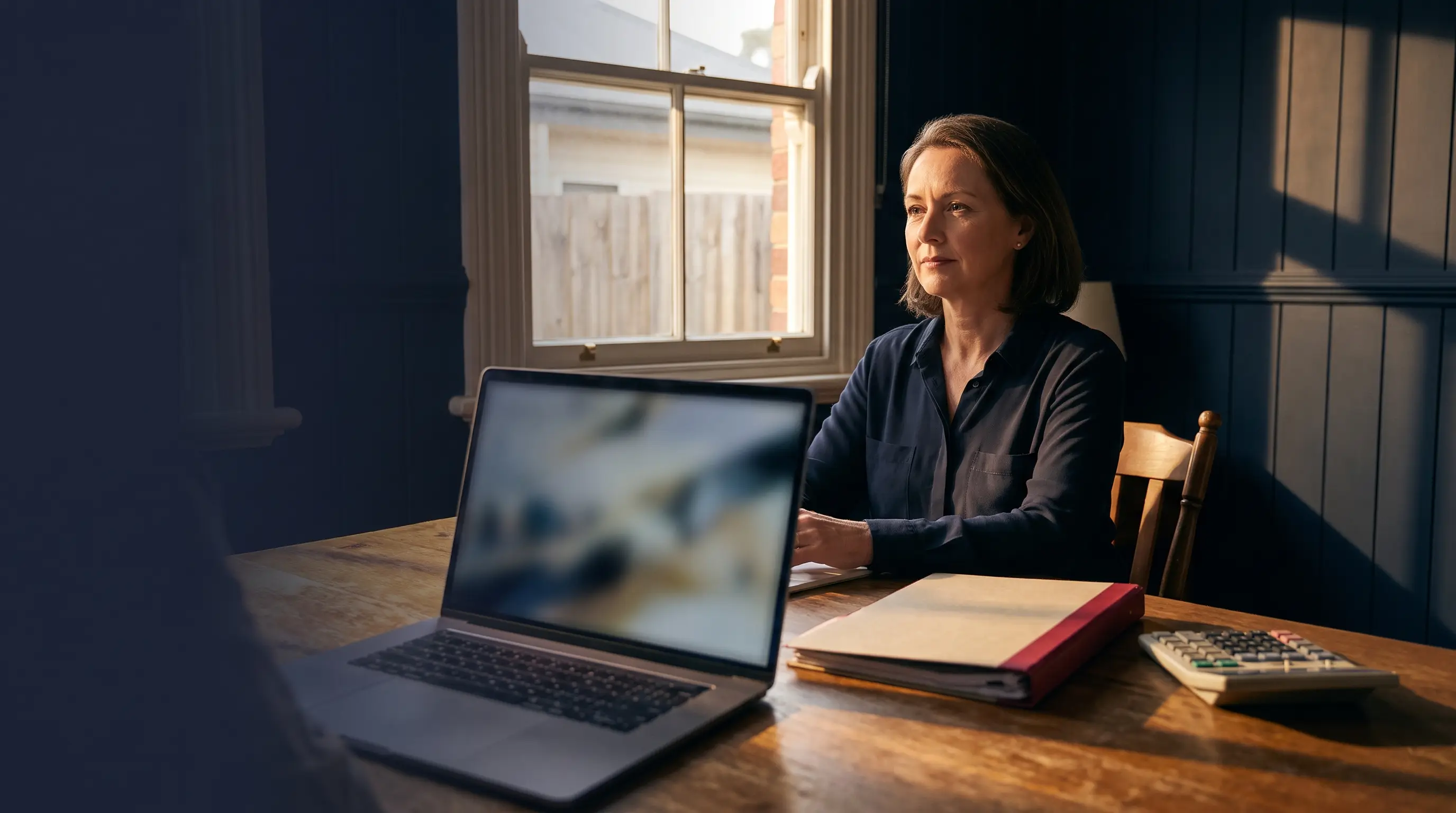 An accountant reviewing their accounting firm's website at a desk in a small Australian practice.
