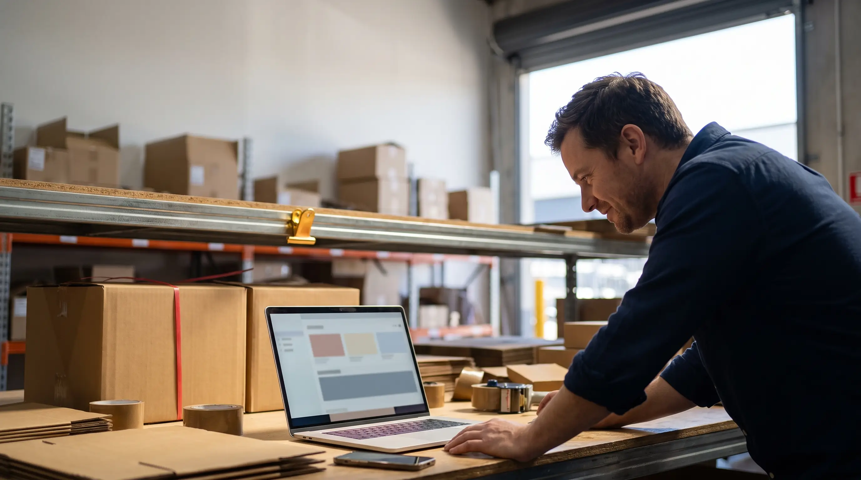 Australian small-business owner managing an online store from a compact back-of-shop warehouse packing bench