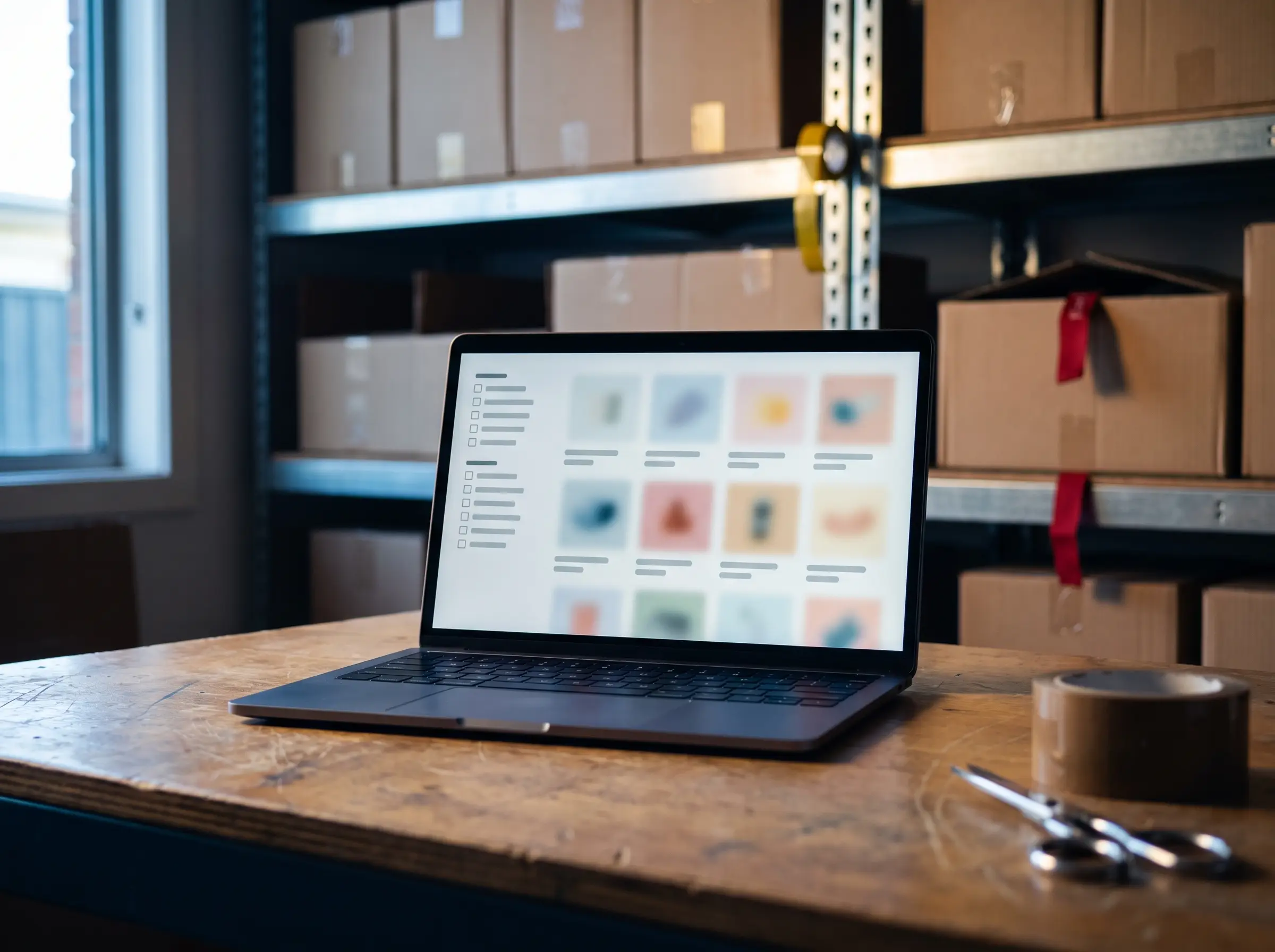 Online store category page with filter checkboxes open on a laptop in a small Australian warehouse