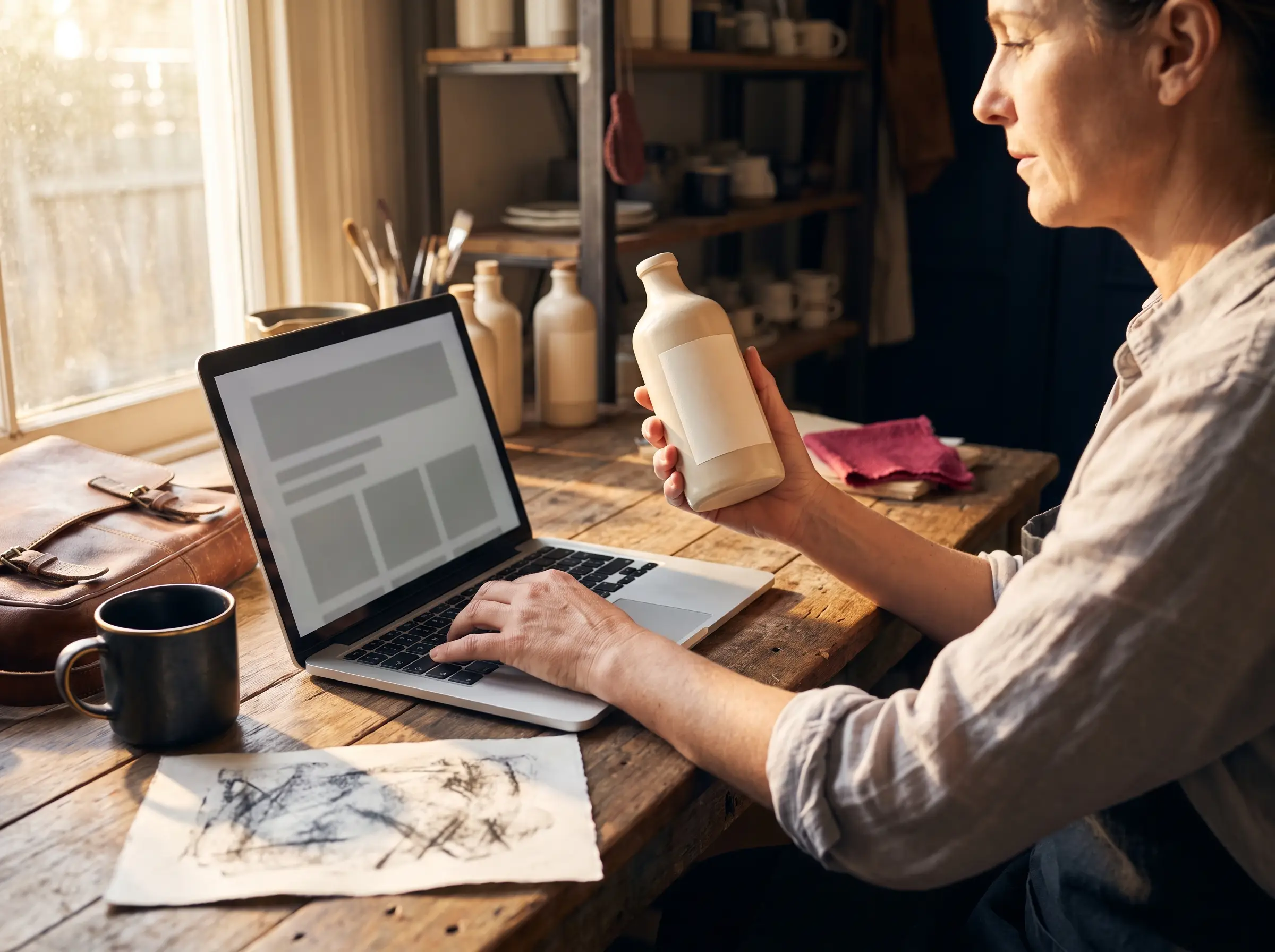 Store owner at a desk writing a product description with the product beside the keyboard for reference