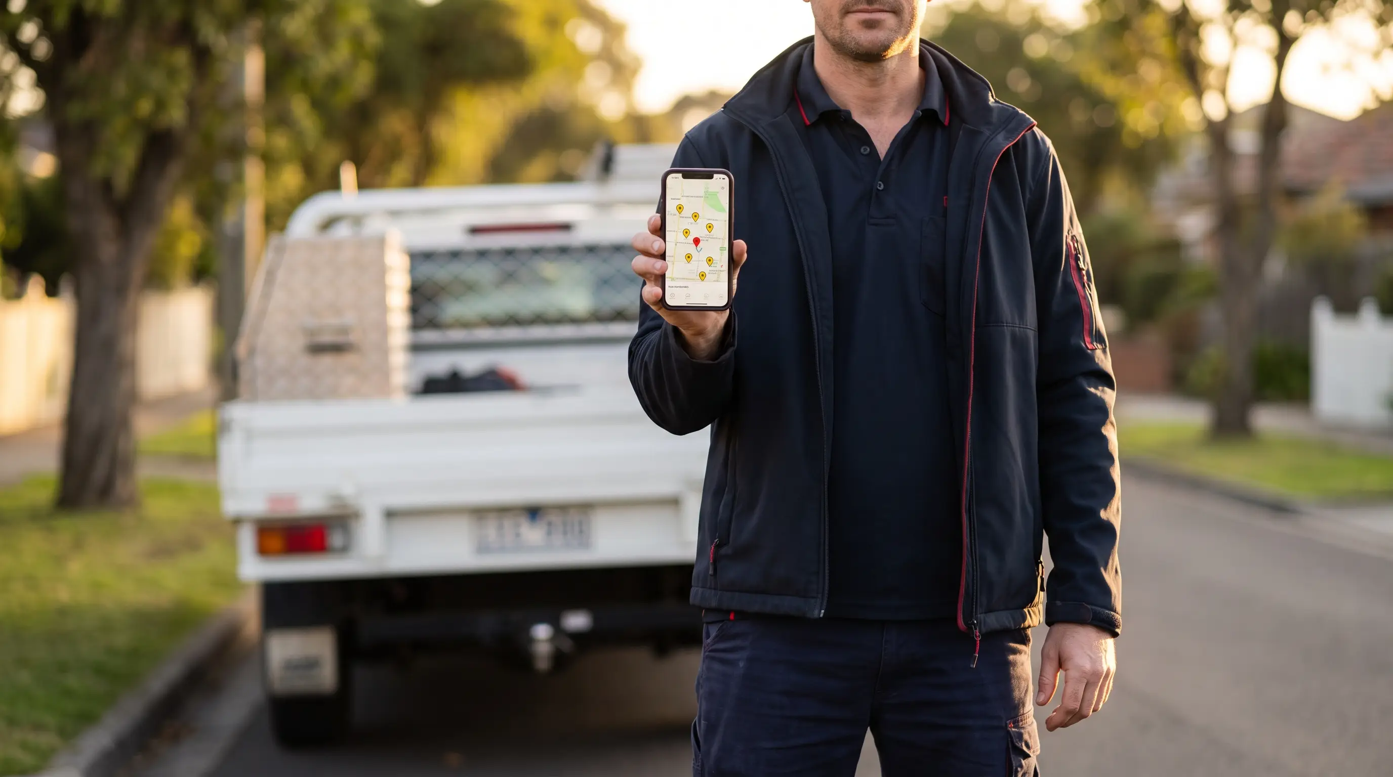 Australian electrician in navy work gear beside his white ute holding a phone showing a map