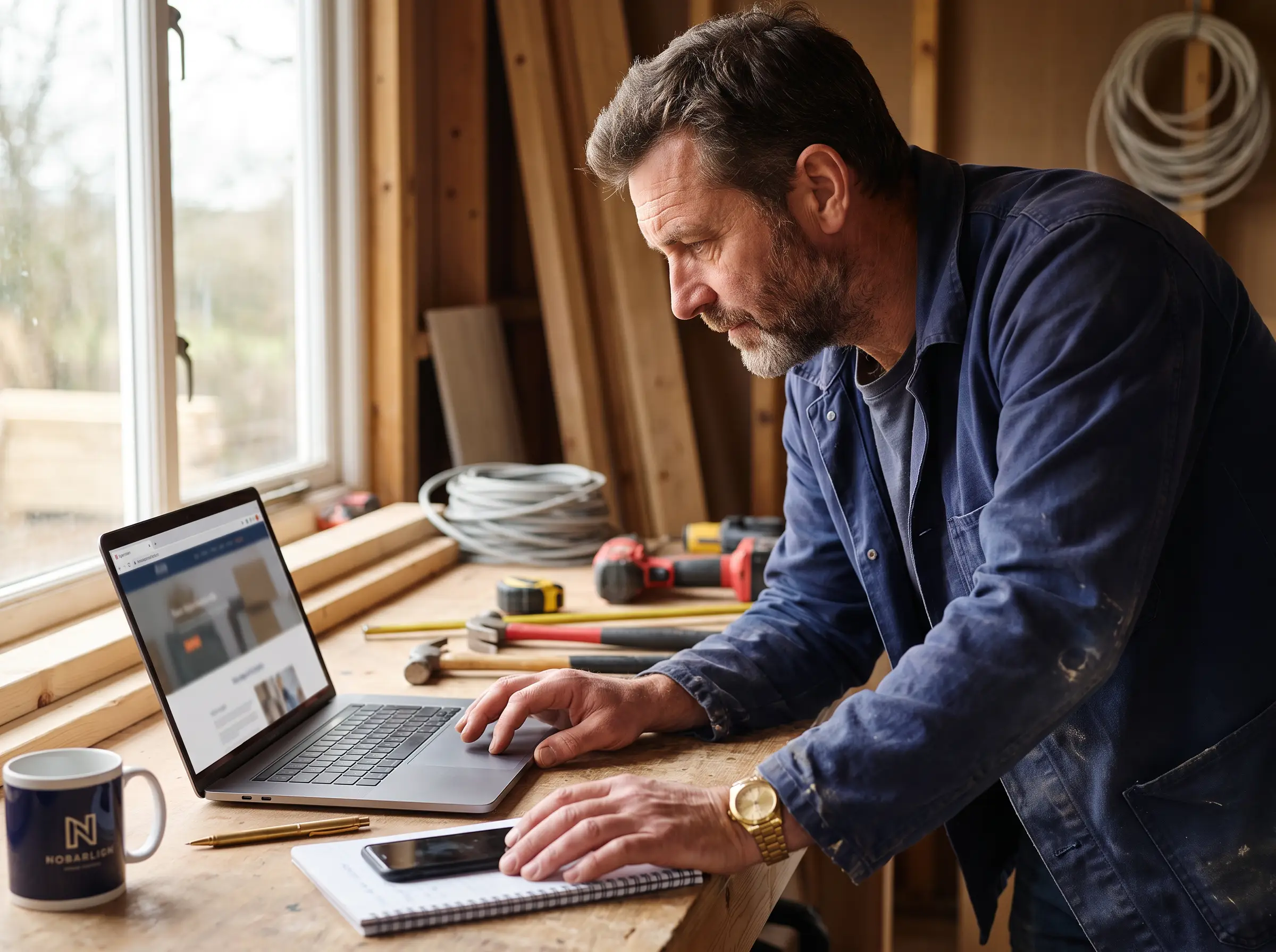a trades business owner reviewing his website on a laptop at a workbench in a site office, phone and quote pad nearby