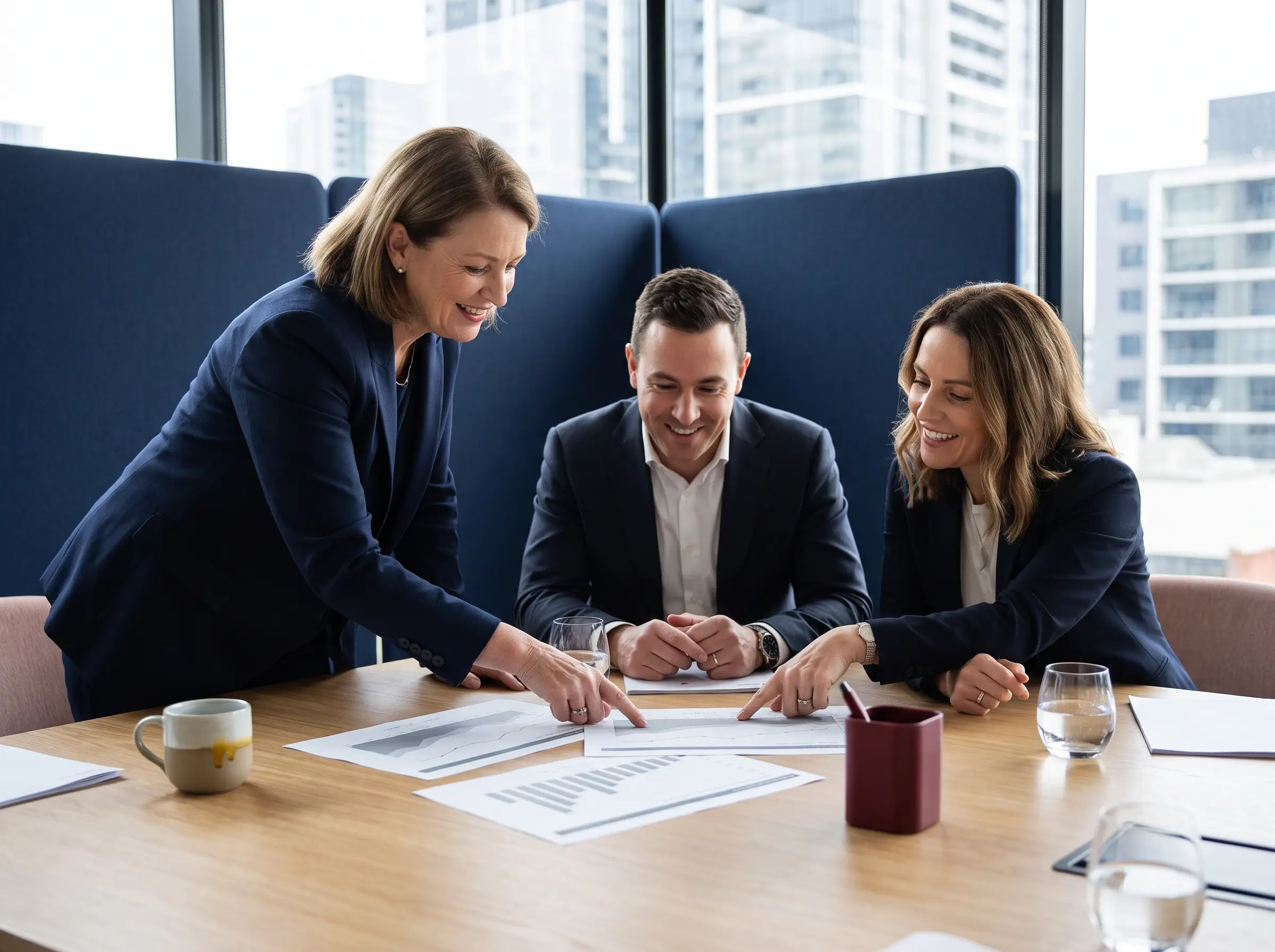 An established Australian business owner and two senior marketing consultants reviewing a printed marketing plan together at a boardroom table