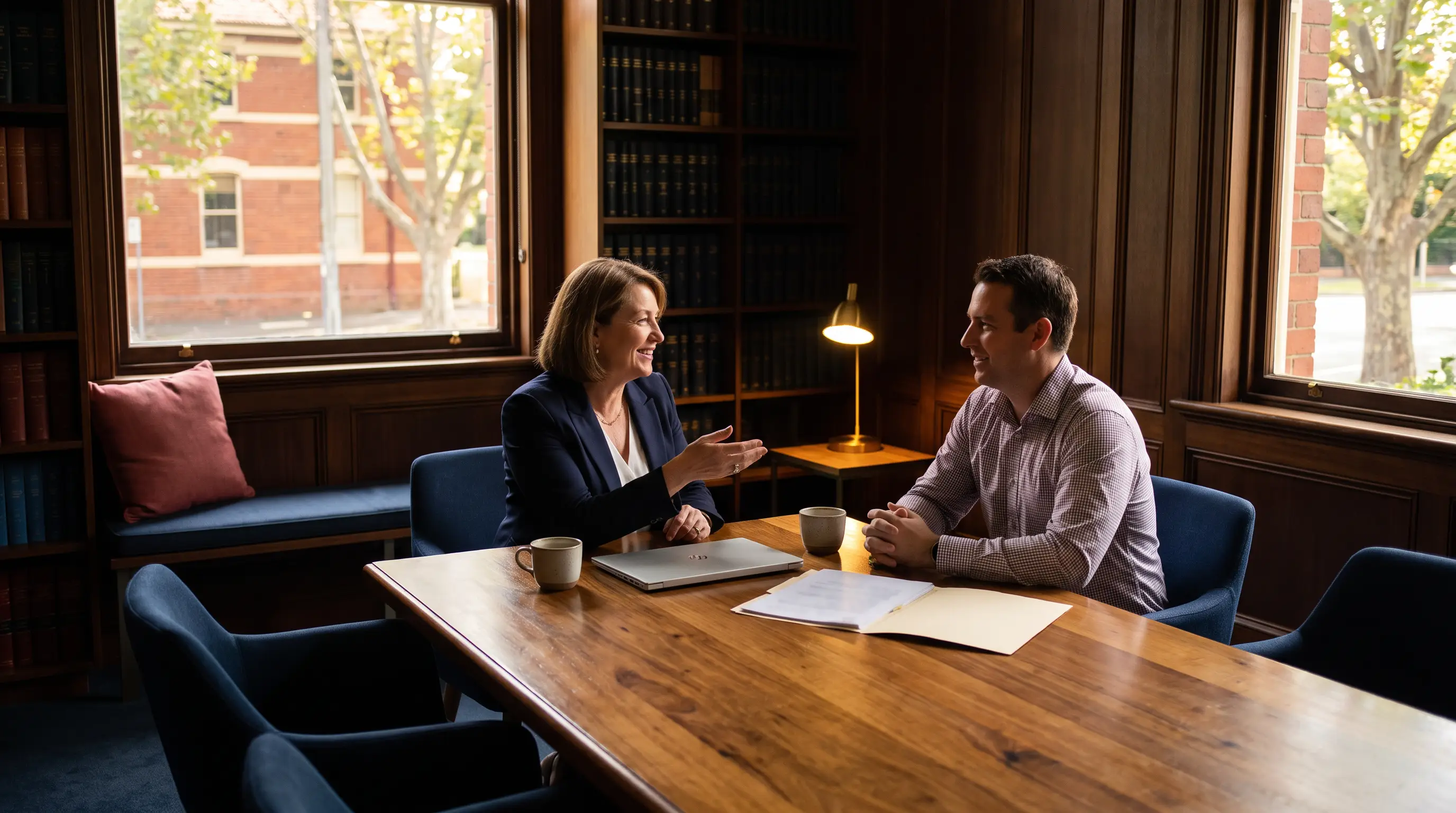 Senior accounting practice partner meeting with a client at a timber table in a warm, established Melbourne office