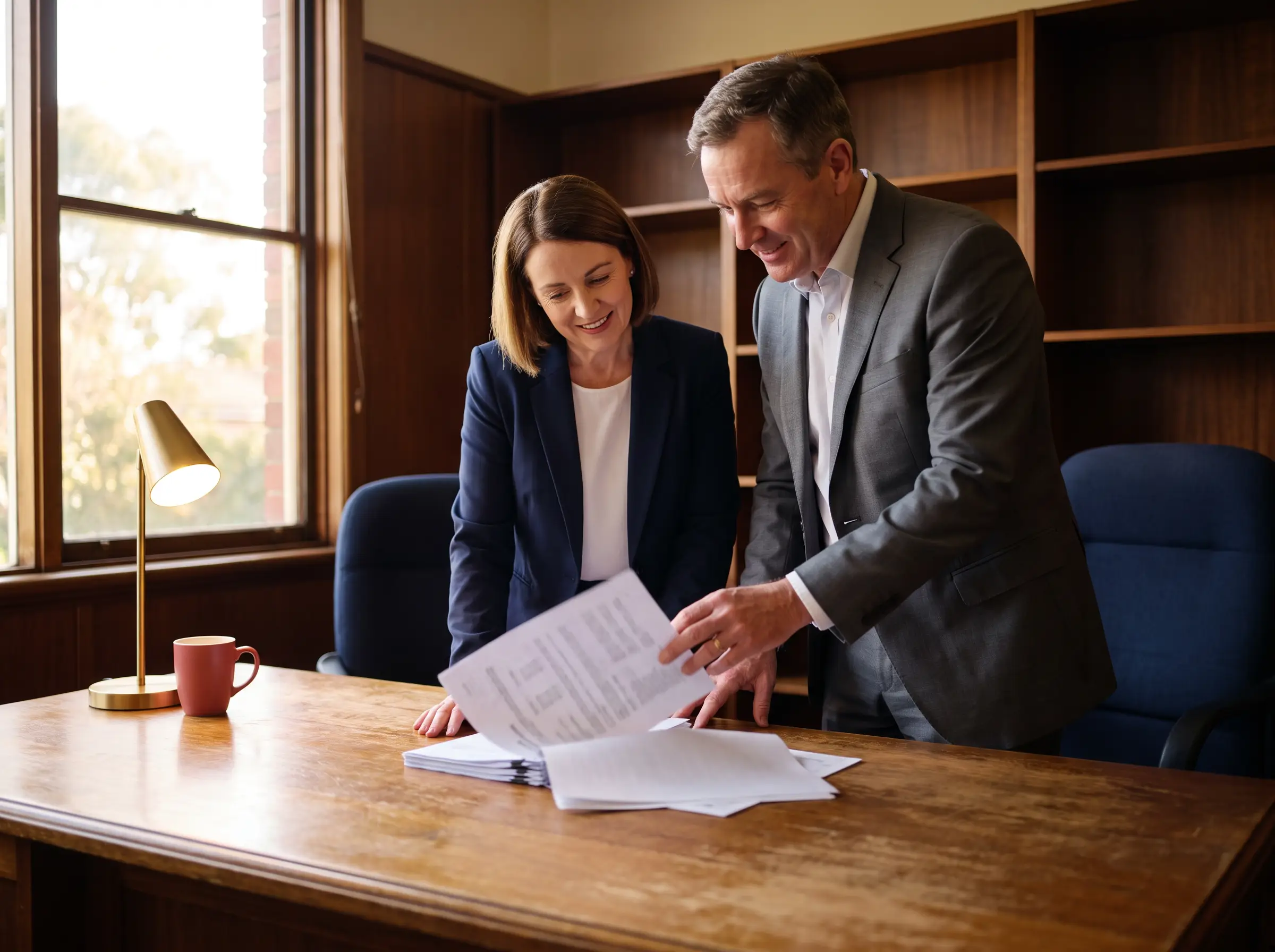 Two accountants reviewing printed financial statements together at a desk in a warm, established suburban Melbourne practice